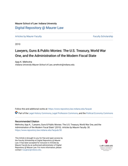 Lawyers, Guns & Public Monies: the U.S. Treasury, World War One, And