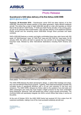 Scandinavia's SAS Takes Delivery of Its First Airbus A350