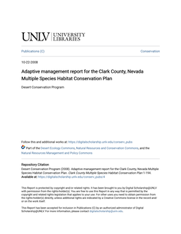 Adaptive Management Report for the Clark County, Nevada Multiple Species Habitat Conservation Plan