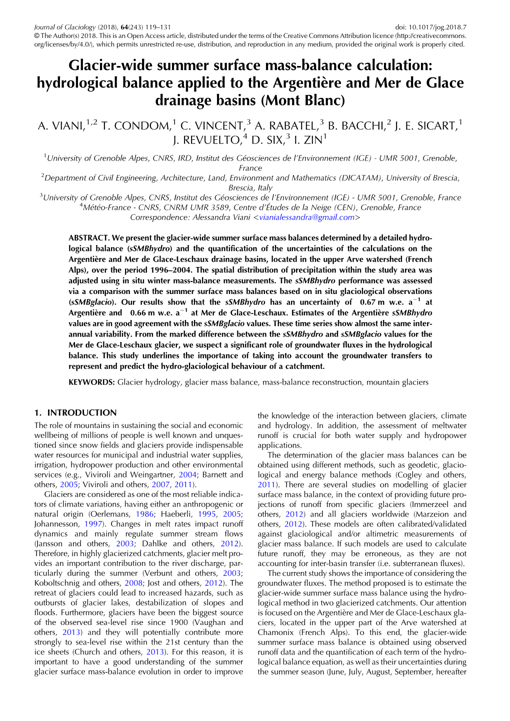 Glacier-Wide Summer Surface Mass-Balance Calculation: Hydrological Balance Applied to the Argentière and Mer De Glace Drainage Basins (Mont Blanc)