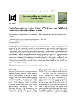 Myzus (Nectarosiphon) Persicae (Sulzer, 1776) (Homoptera: Aphididae): Updated Check List of Host Plants in India