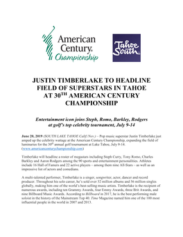 Justin Timberlake to Headline Field of Superstars in Tahoe at 30Th American Century Championship