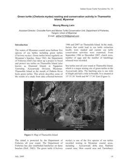 Green Turtle (Chelonia Mydas) Nesting and Conservation Activity in Thameehla Island, Myanmar