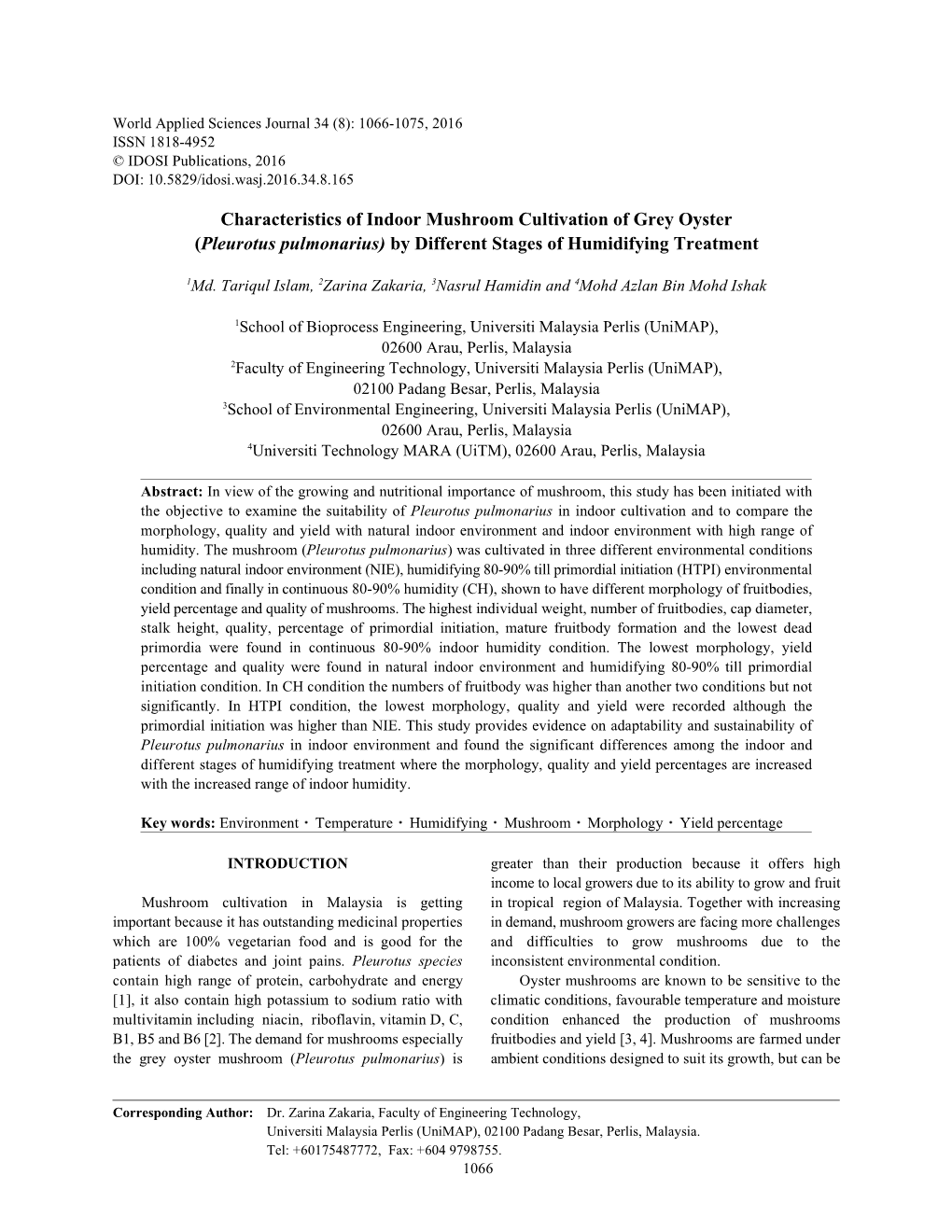 Pleurotus Pulmonarius) by Different Stages of Humidifying Treatment