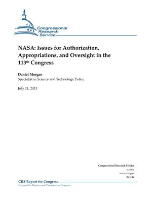 NASA: Issues for Authorization, Appropriations, and Oversight in the 113Th Congress