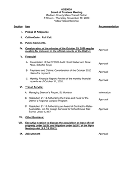 AGENDA Board of Trustees Meeting Madison County Mass Transit District 8:30 A.M., Thursday, November 19, 2020 Video/Teleconference