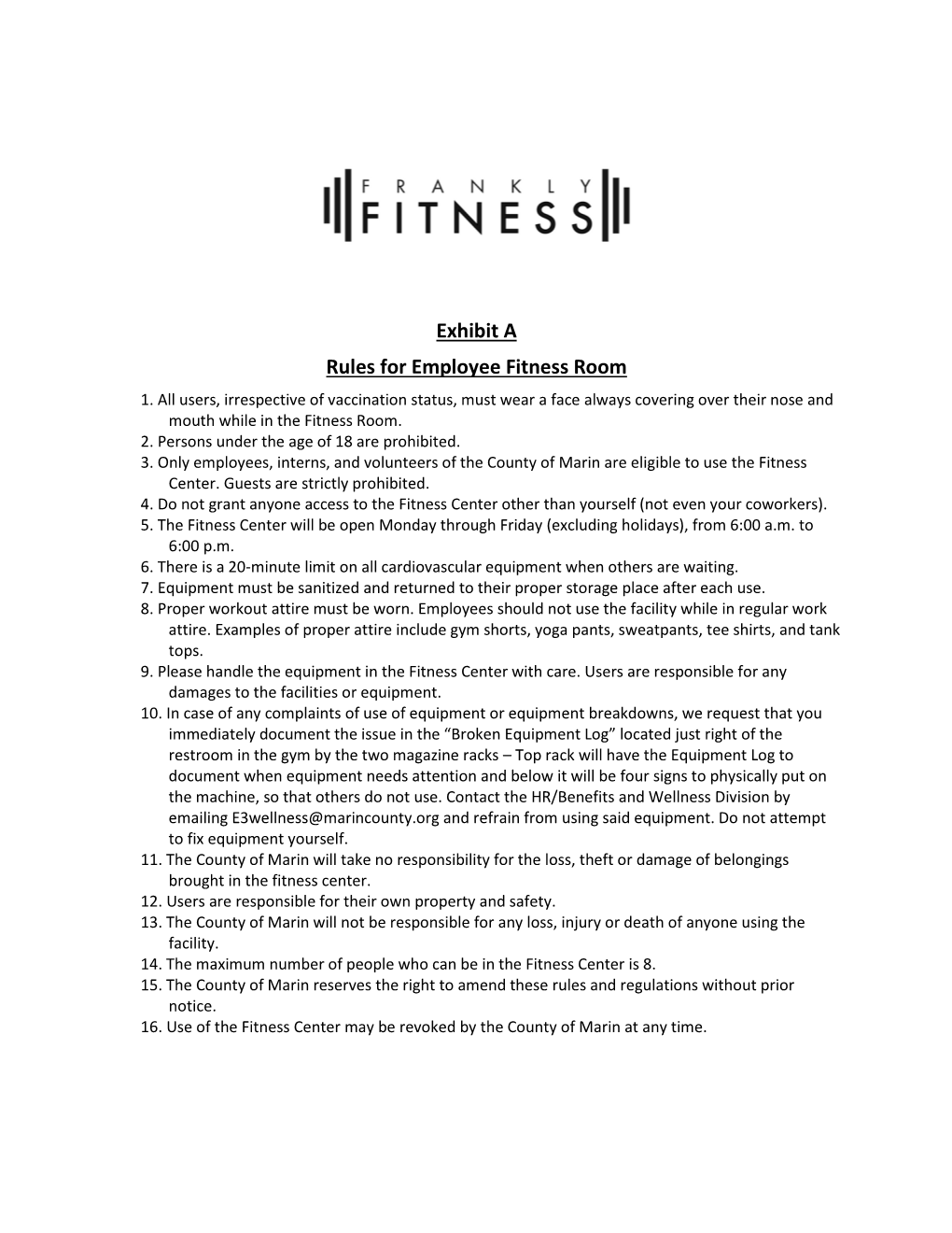Exhibit a Rules for Employee Fitness Room 1