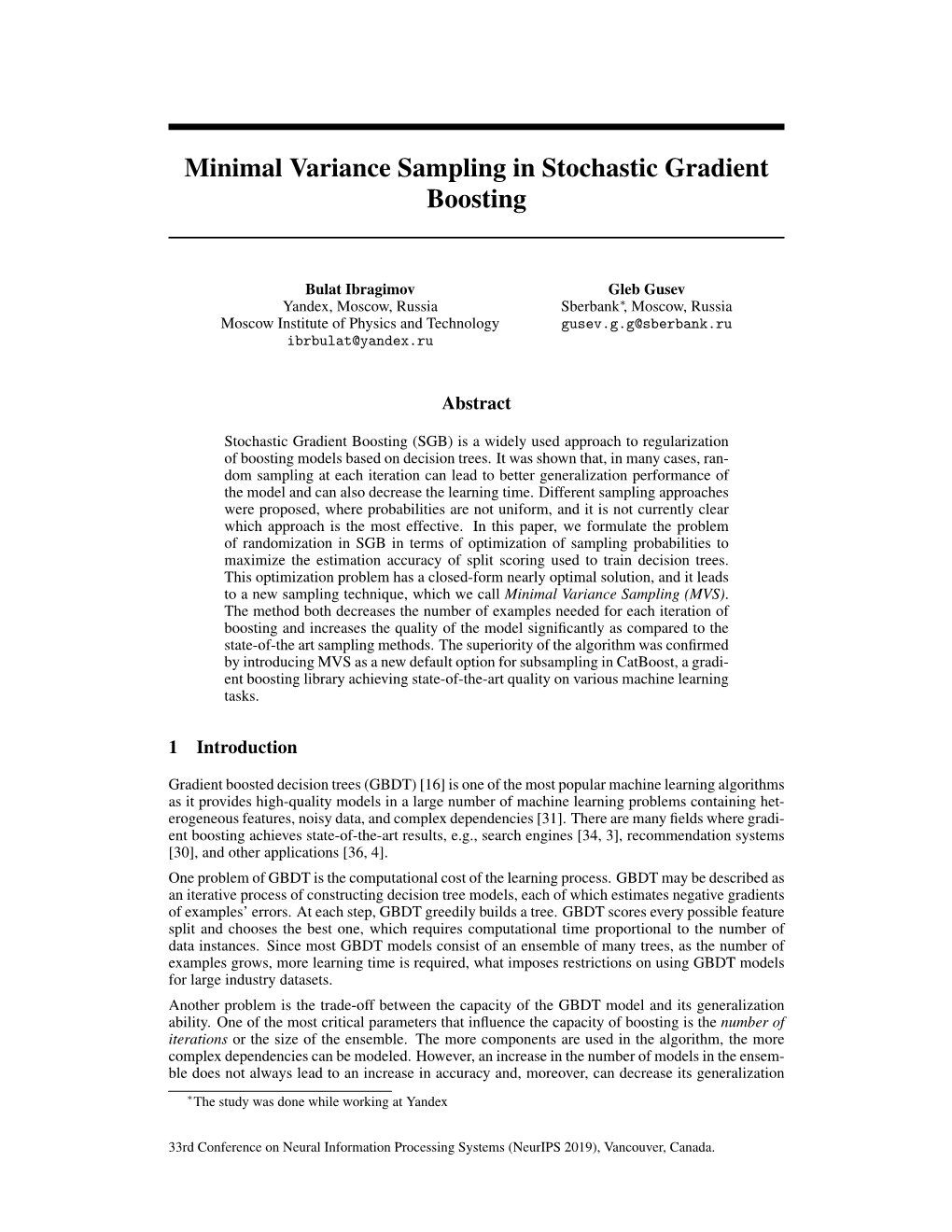 Minimal Variance Sampling in Stochastic Gradient Boosting