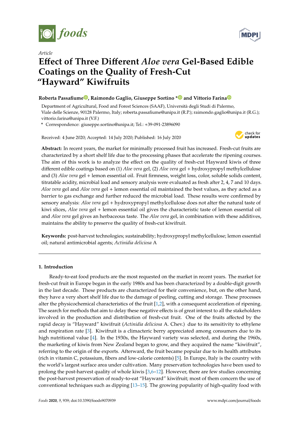 Effect of Three Different Aloe Vera Gel-Based Edible Coatings