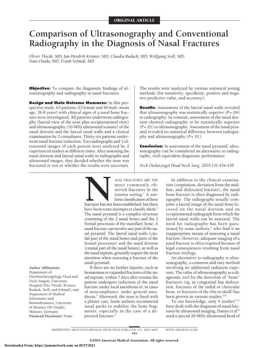 Comparison of Ultrasonography and Conventional Radiography in the Diagnosis of Nasal Fractures