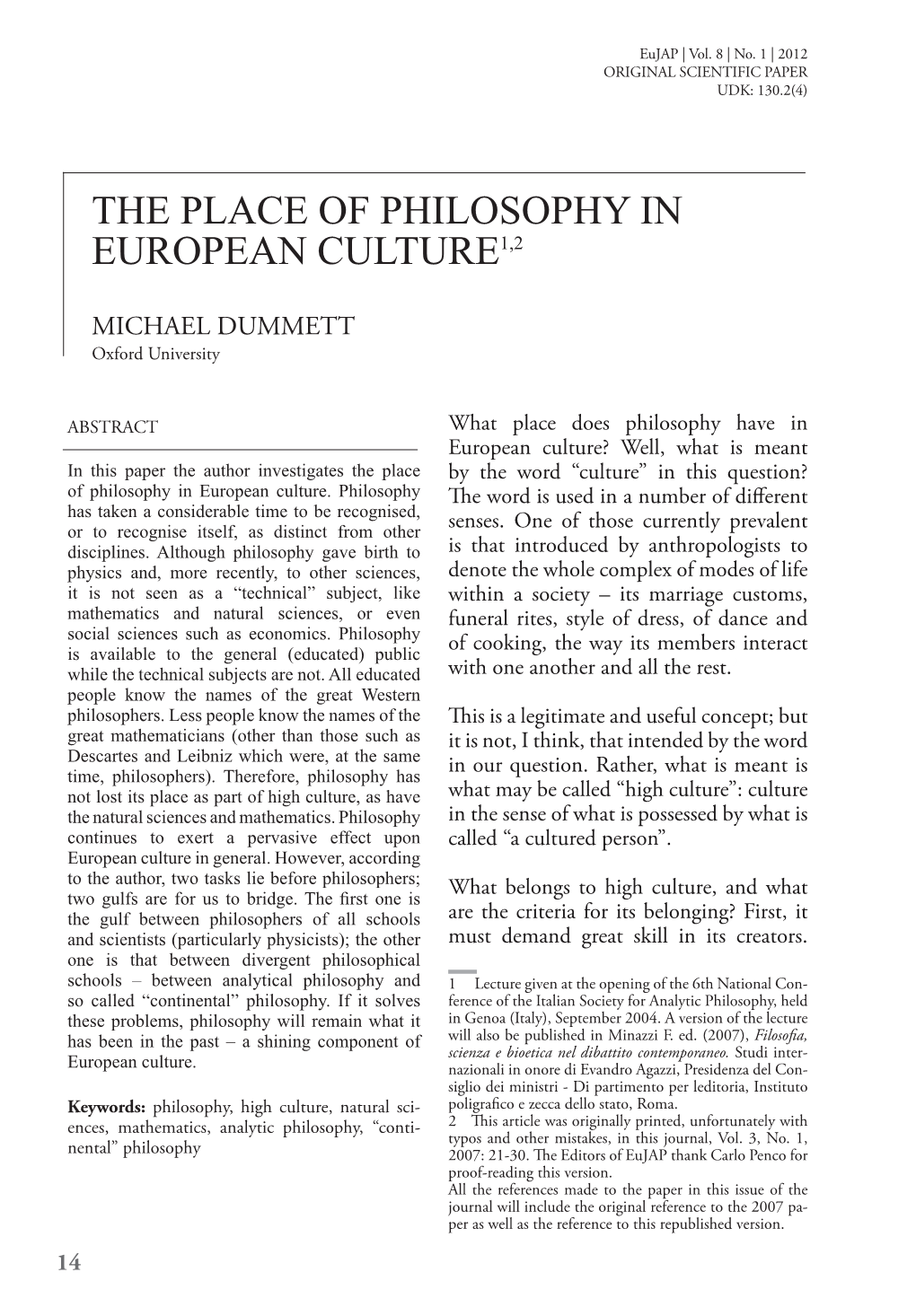 The Place of Philosophy in European Culture1,2
