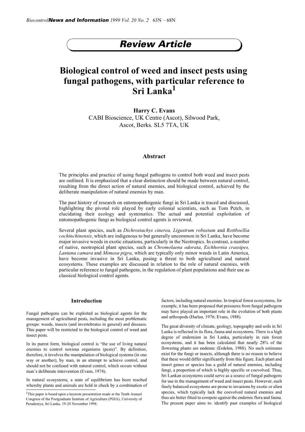 Biological Control of Weed and Insect Pests Using Fungal Pathogens, with Particular Reference to Sri Lanka1