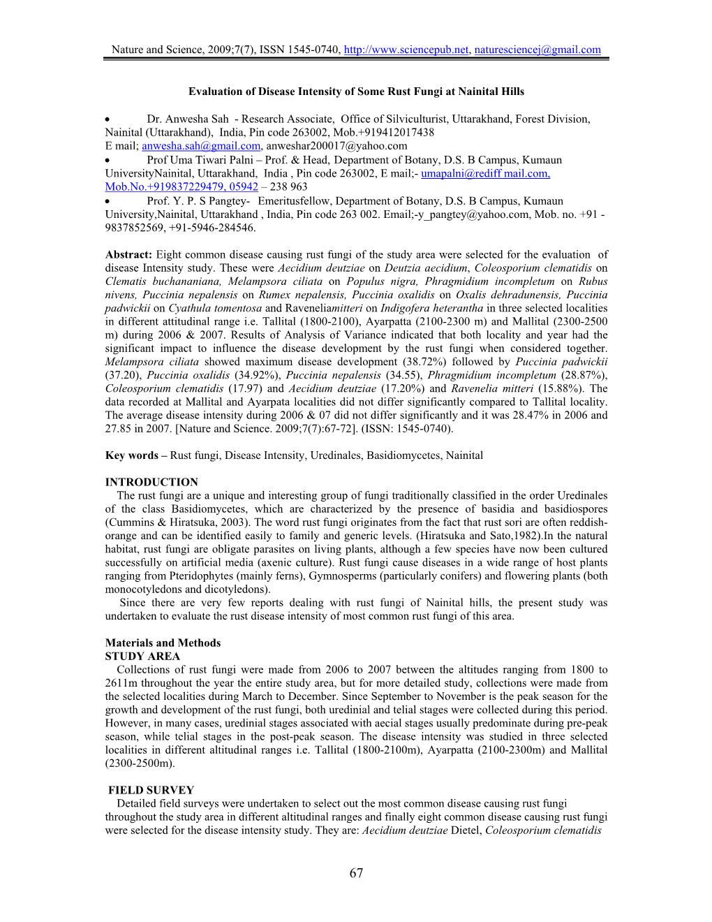 Evaluation of Disease Intensity of Some Rust Fungi at Nainital Hills