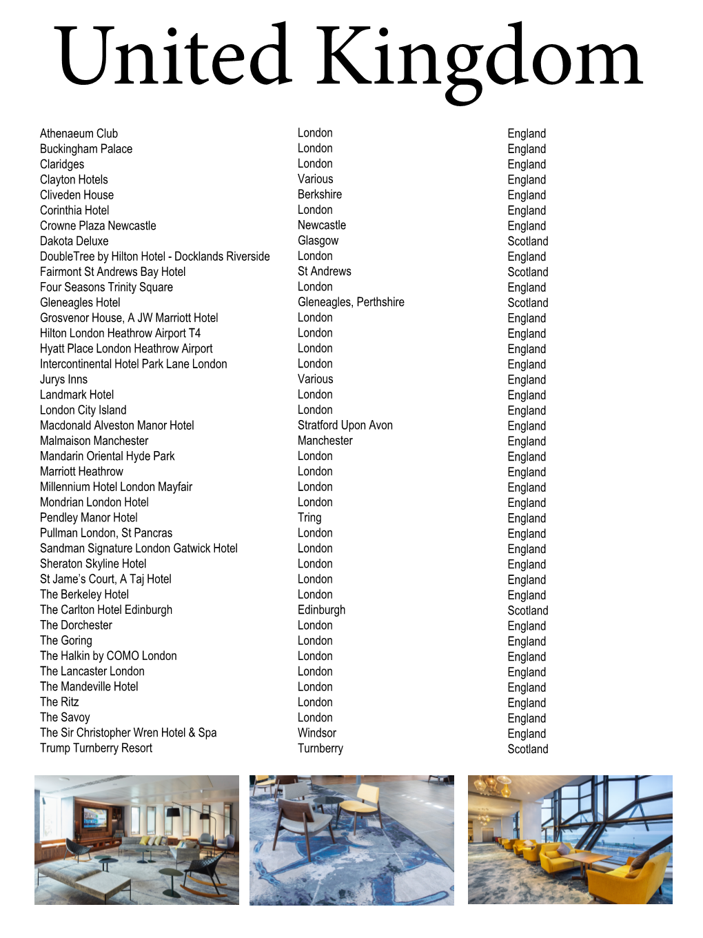 Athenaeum Club Buckingham Palace Claridges Clayton Hotels Cliveden House Corinthia Hotel Crowne Plaza Newcastle Dakota Deluxe Do