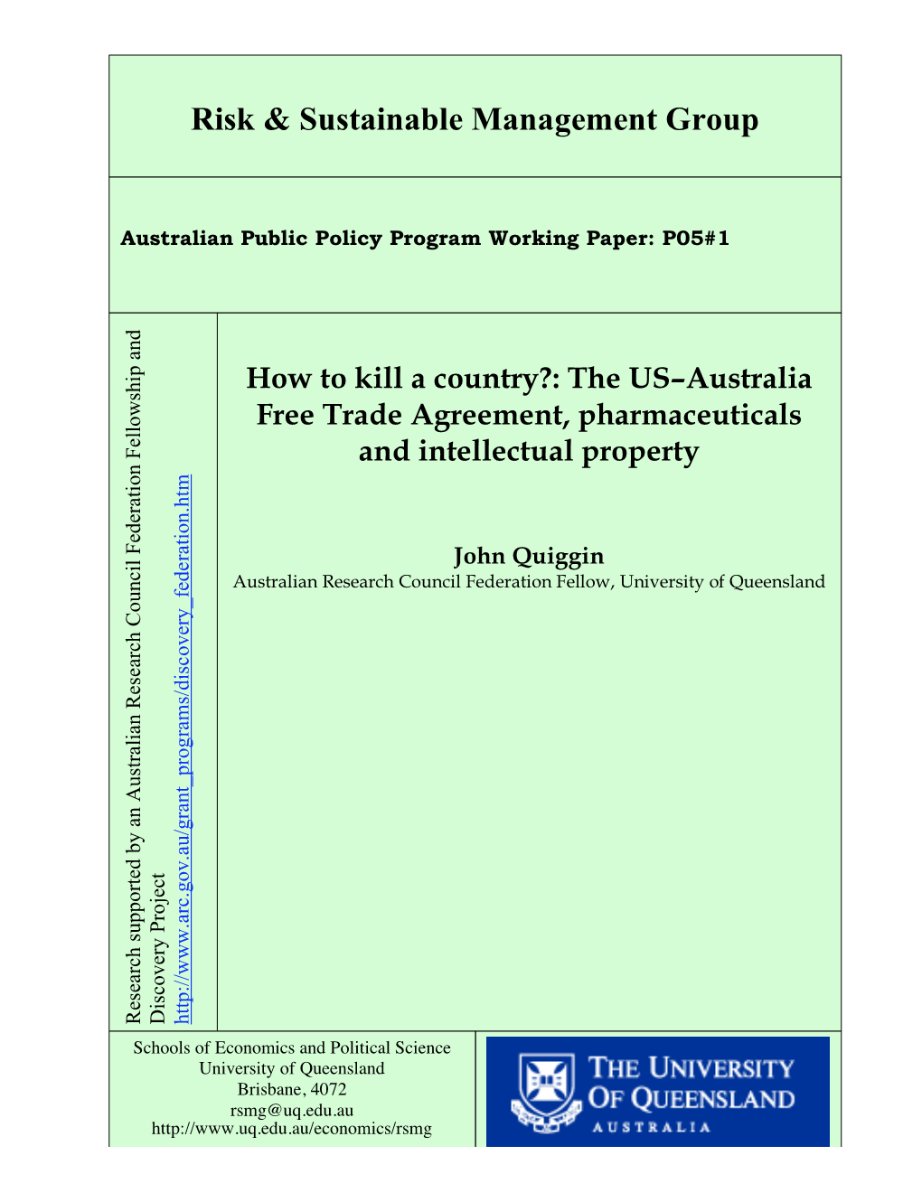 The US-Australia Free Trade Agreement, Pharmaceuticals and Intellectual Property