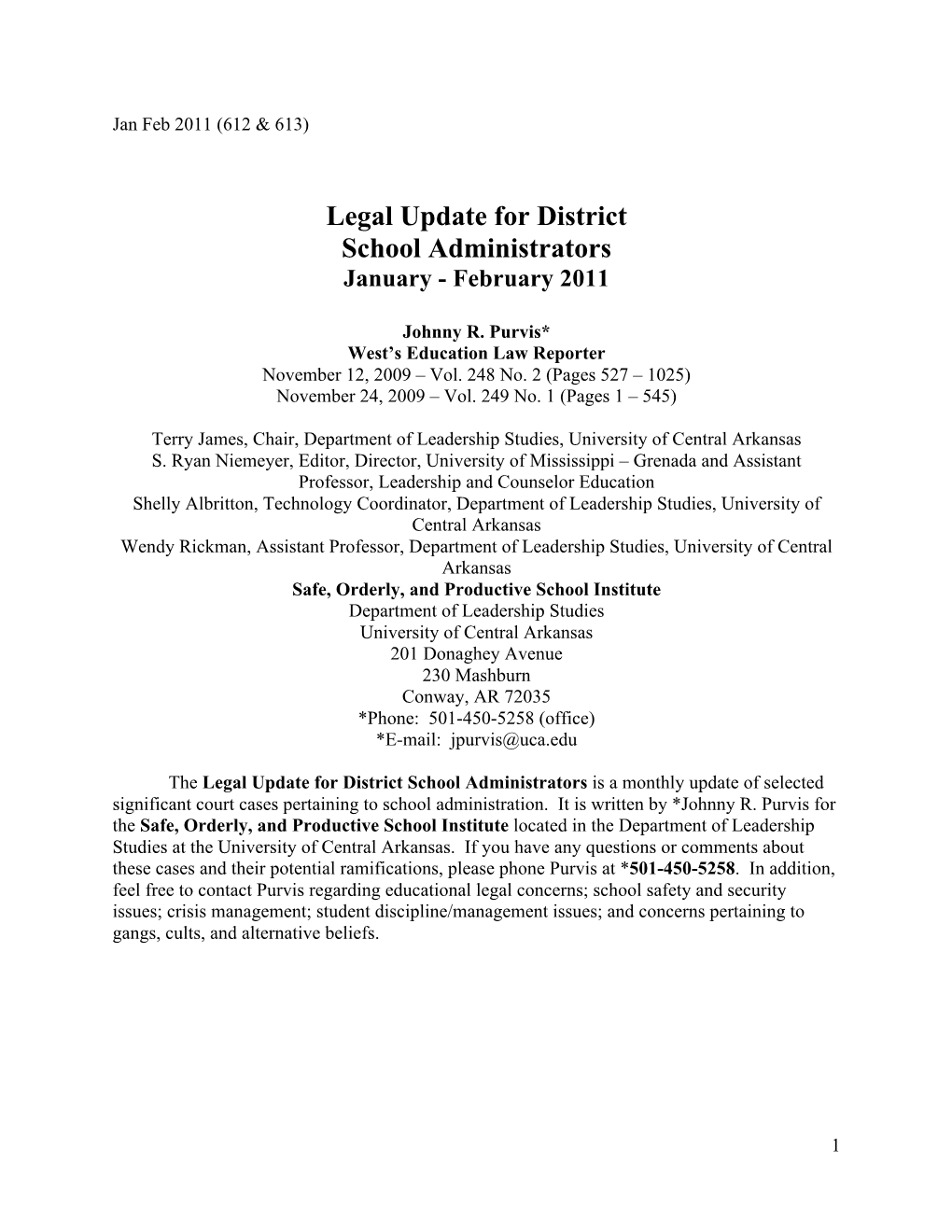 Legal Update for District School Administrators January - February 2011