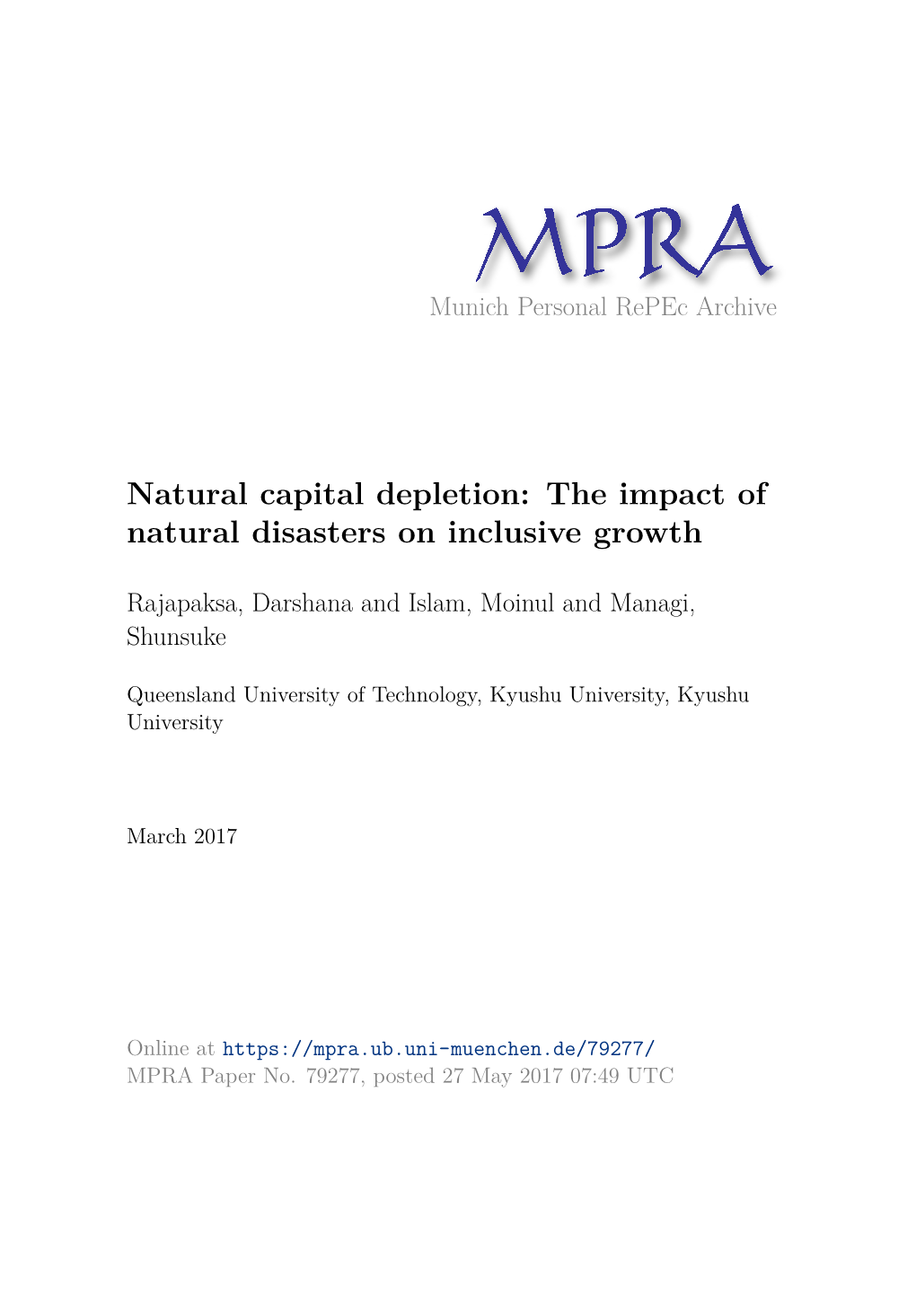 Natural Capital Depletion: the Impact of Natural Disasters on Inclusive Growth