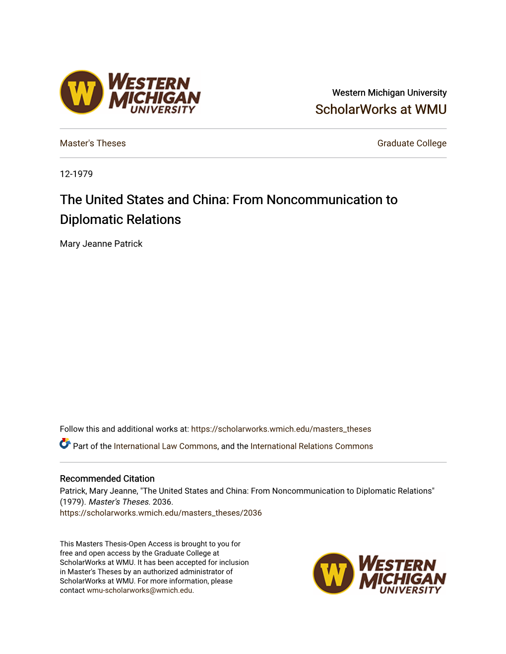 The United States and China: from Noncommunication to Diplomatic Relations