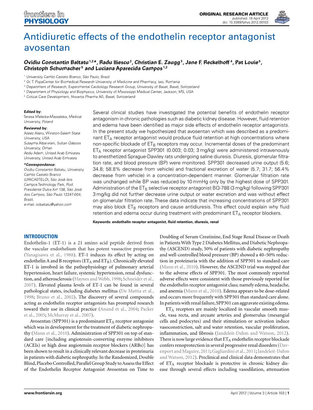 Antidiuretic Effects of the Endothelin Receptor Antagonist Avosentan