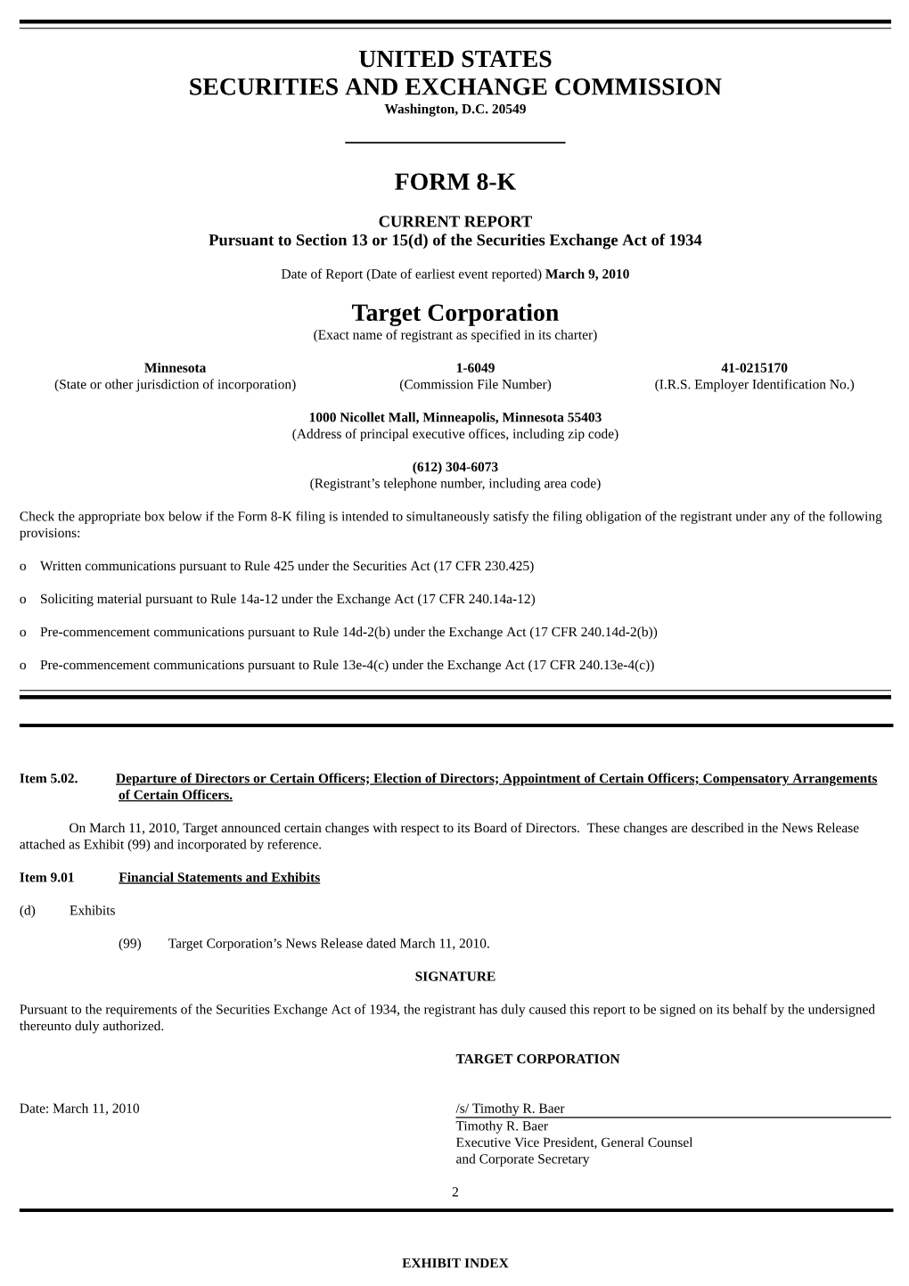 United States Securities and Exchange Commission Form