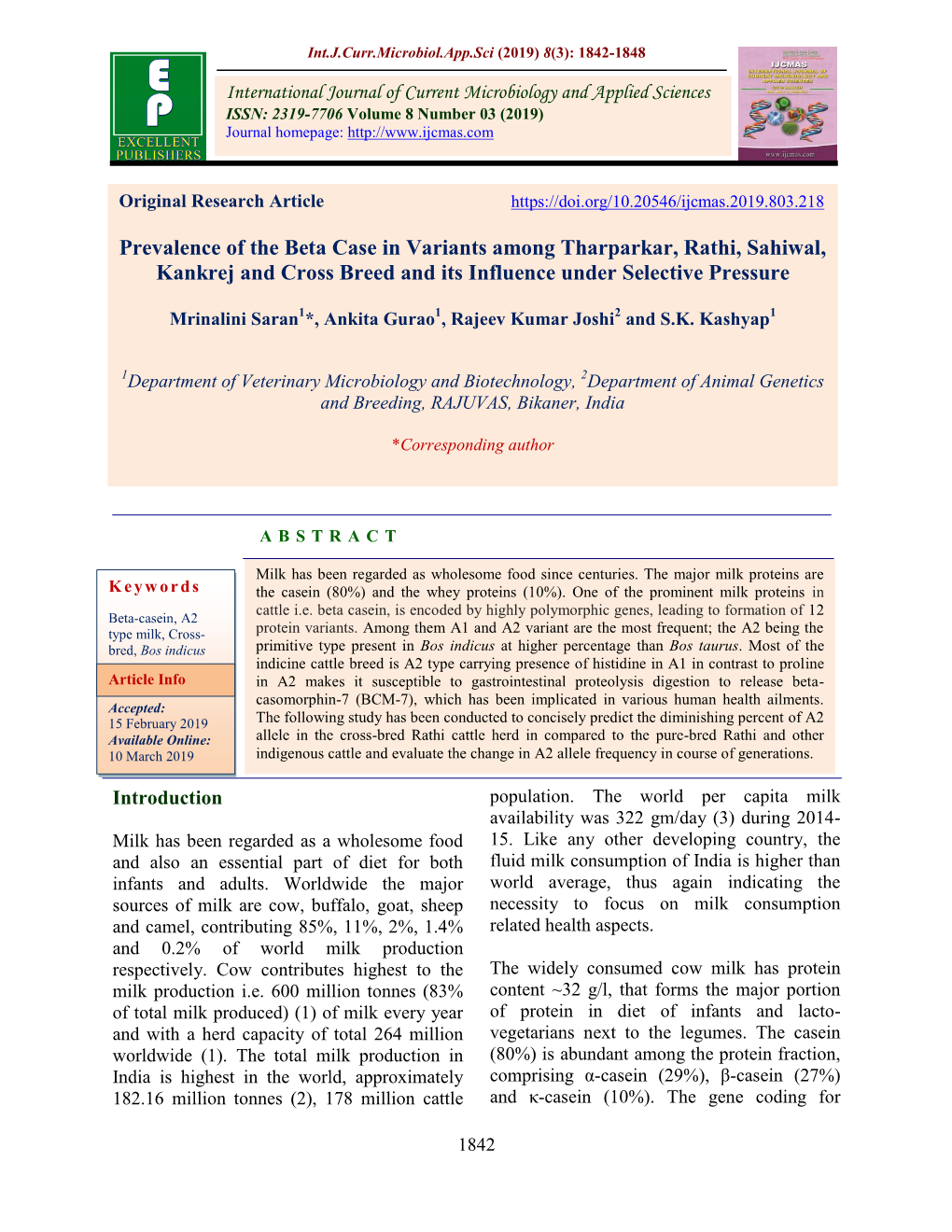 Prevalence of the Beta Case in Variants Among Tharparkar, Rathi, Sahiwal, Kankrej and Cross Breed and Its Influence Under Selective Pressure