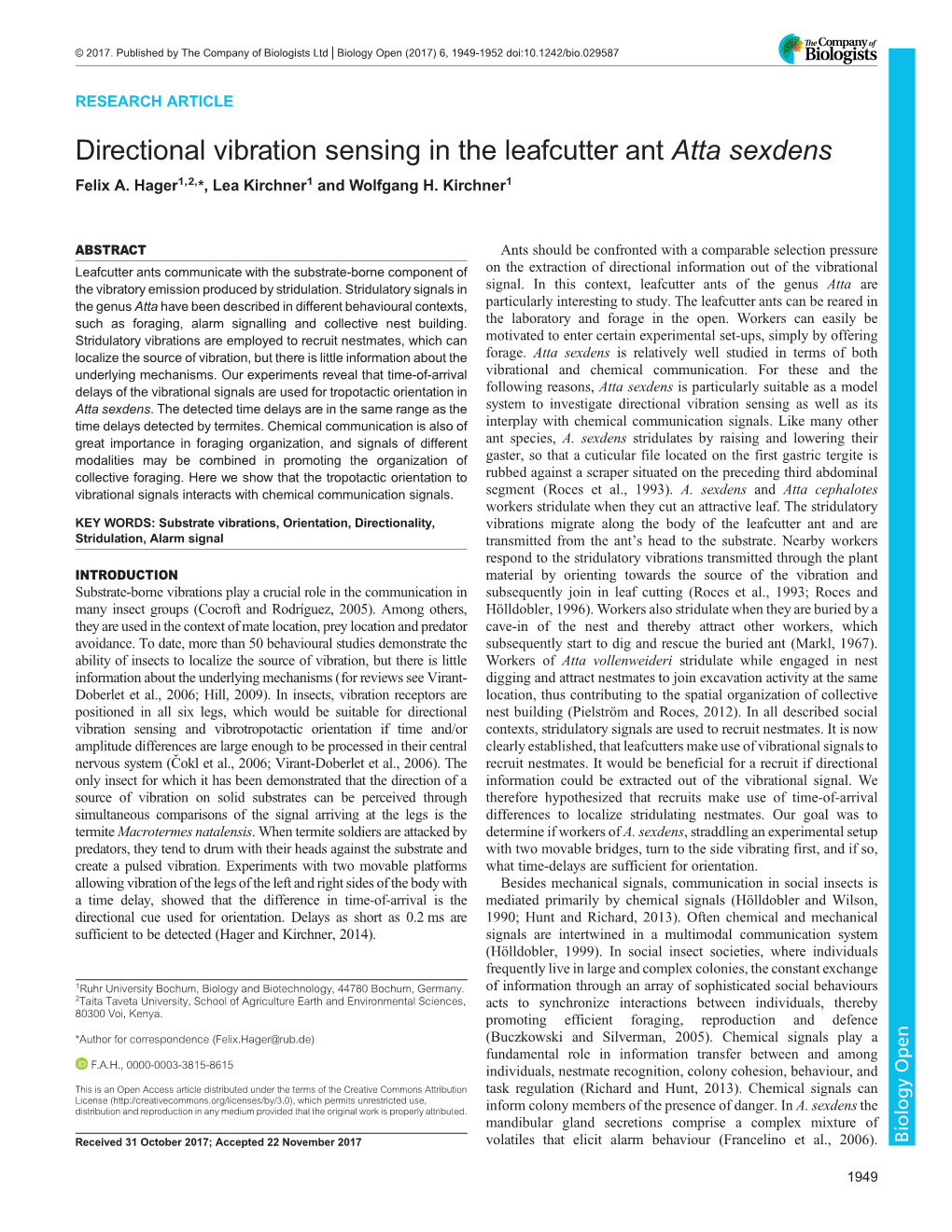 Directional Vibration Sensing in the Leafcutter Ant Atta Sexdens Felix A