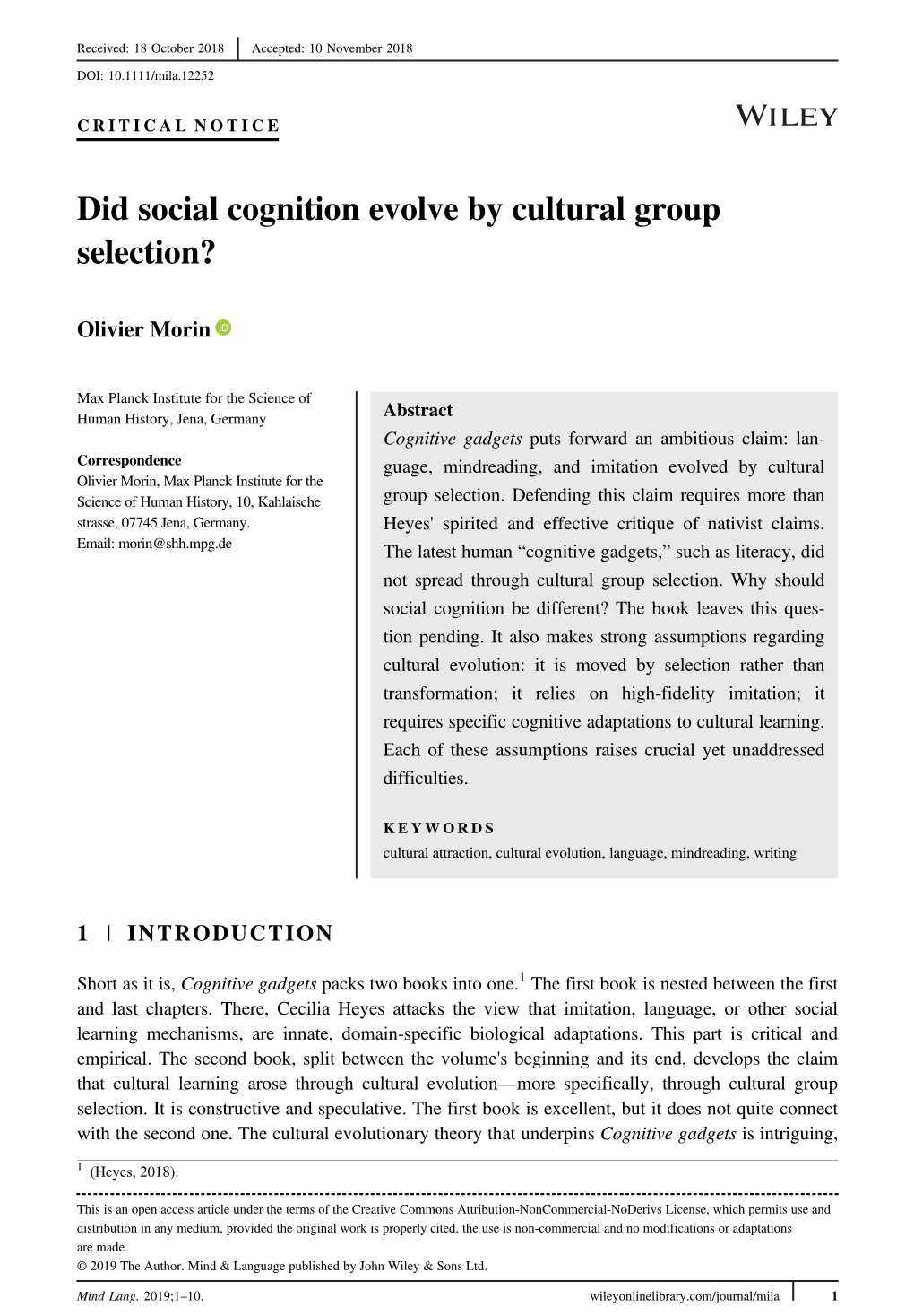 Did Social Cognition Evolve by Cultural Group Selection?