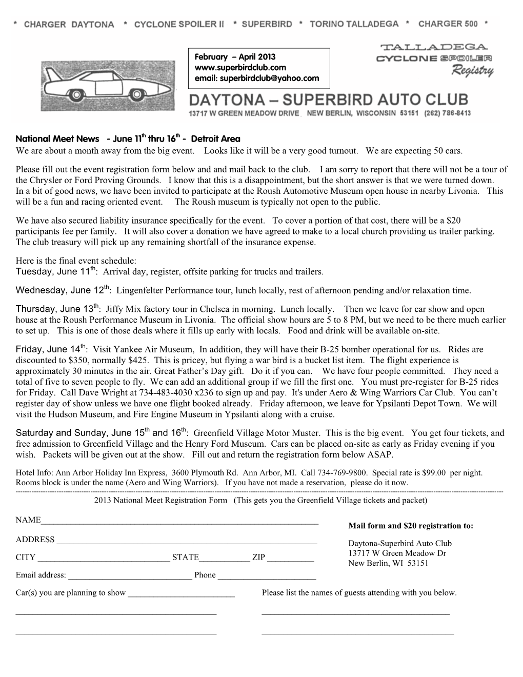 DAYTONA-SUPERBIRD AUTO CLUB WHEELS & DEALS Personal For