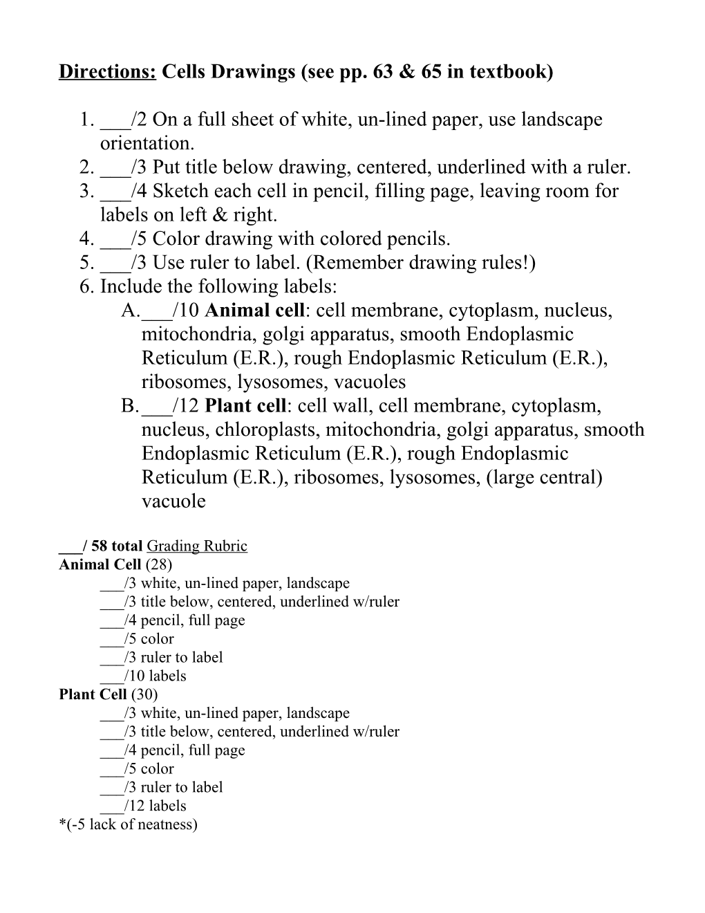 Directions: Cells Drawings (See Pp. 63 & 65 in Textbook)