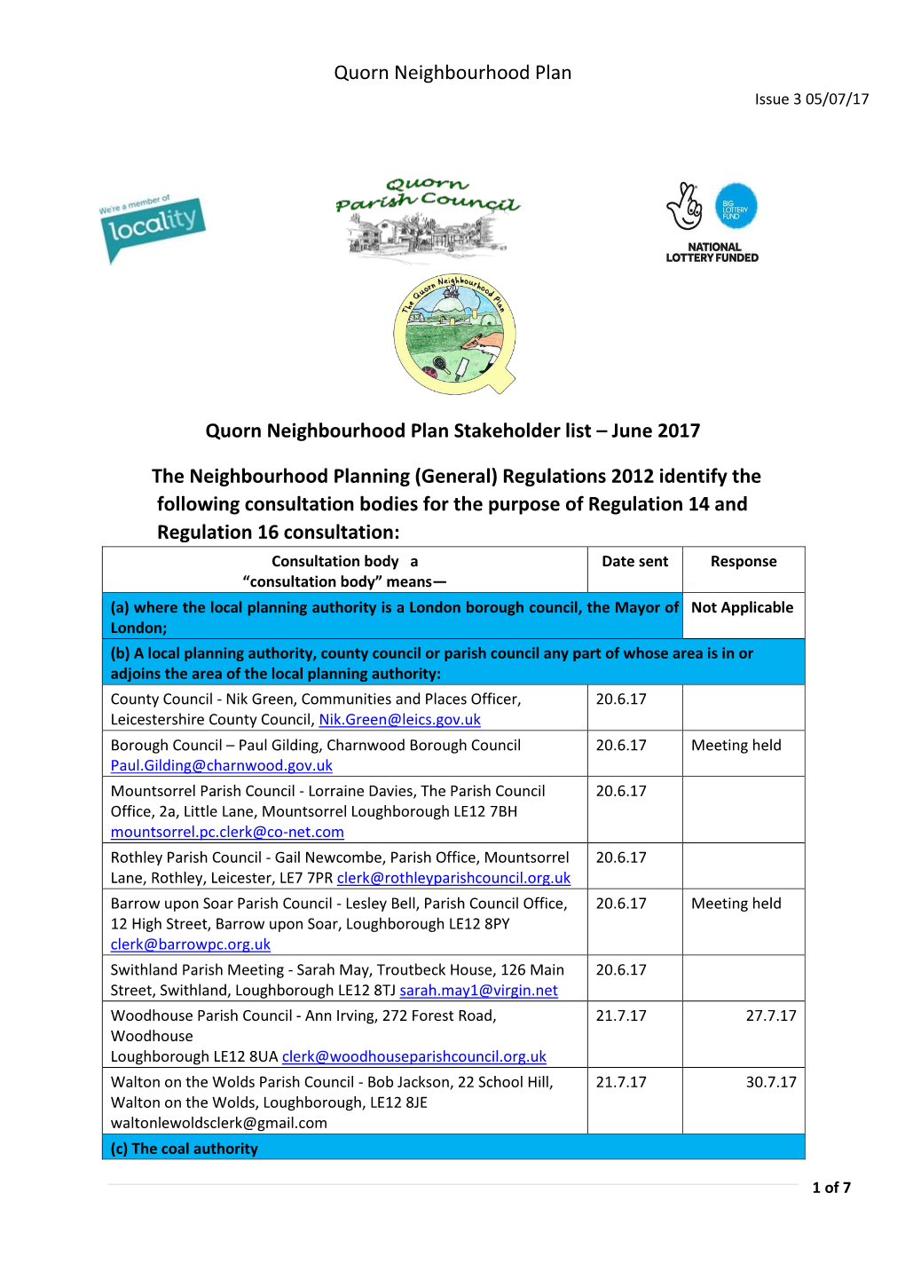 Quorn Neighbourhood Plan Stakeholder List – June 2017