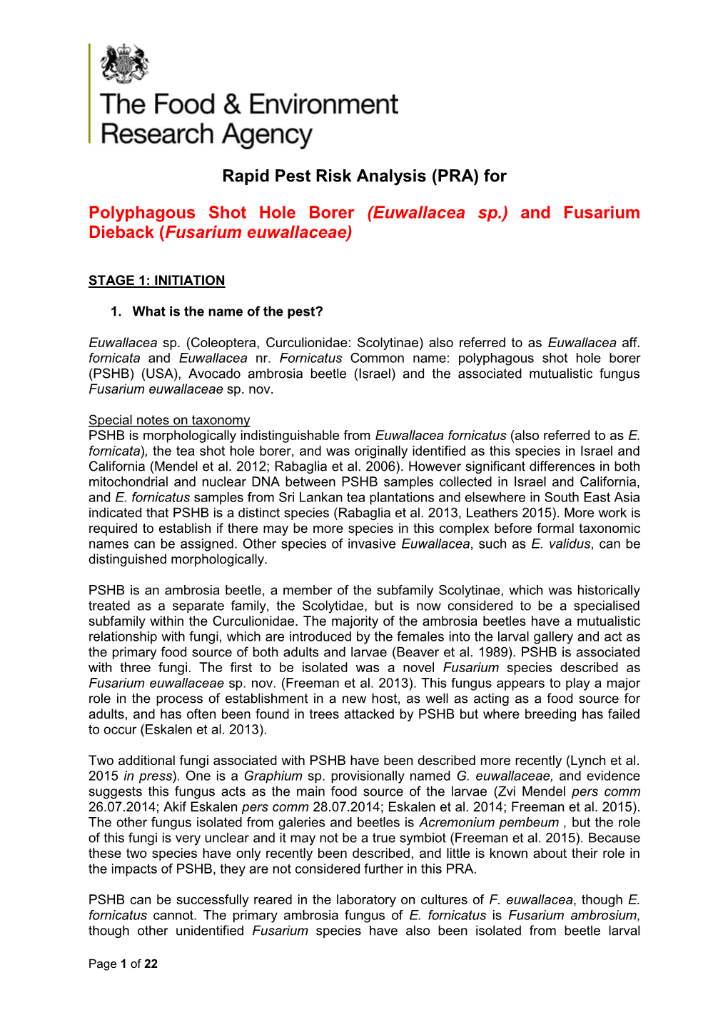 PRA) for Polyphagous Shot Hole Borer (Euwallacea Sp.