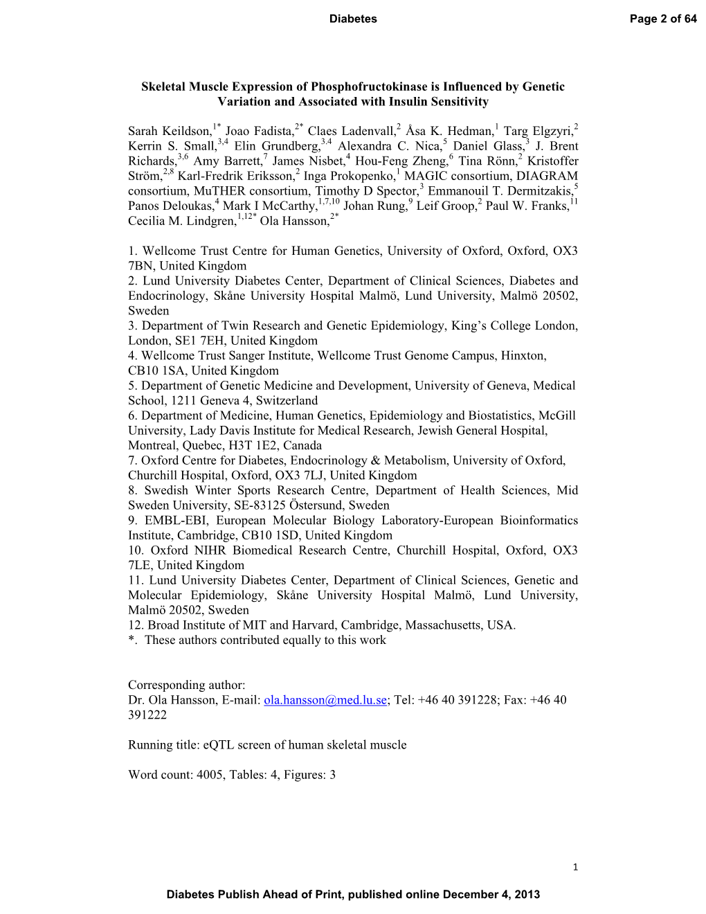 Skeletal Muscle Expression of Phosphofructokinase Is Influenced by Genetic Variation and Associated with Insulin Sensitivity