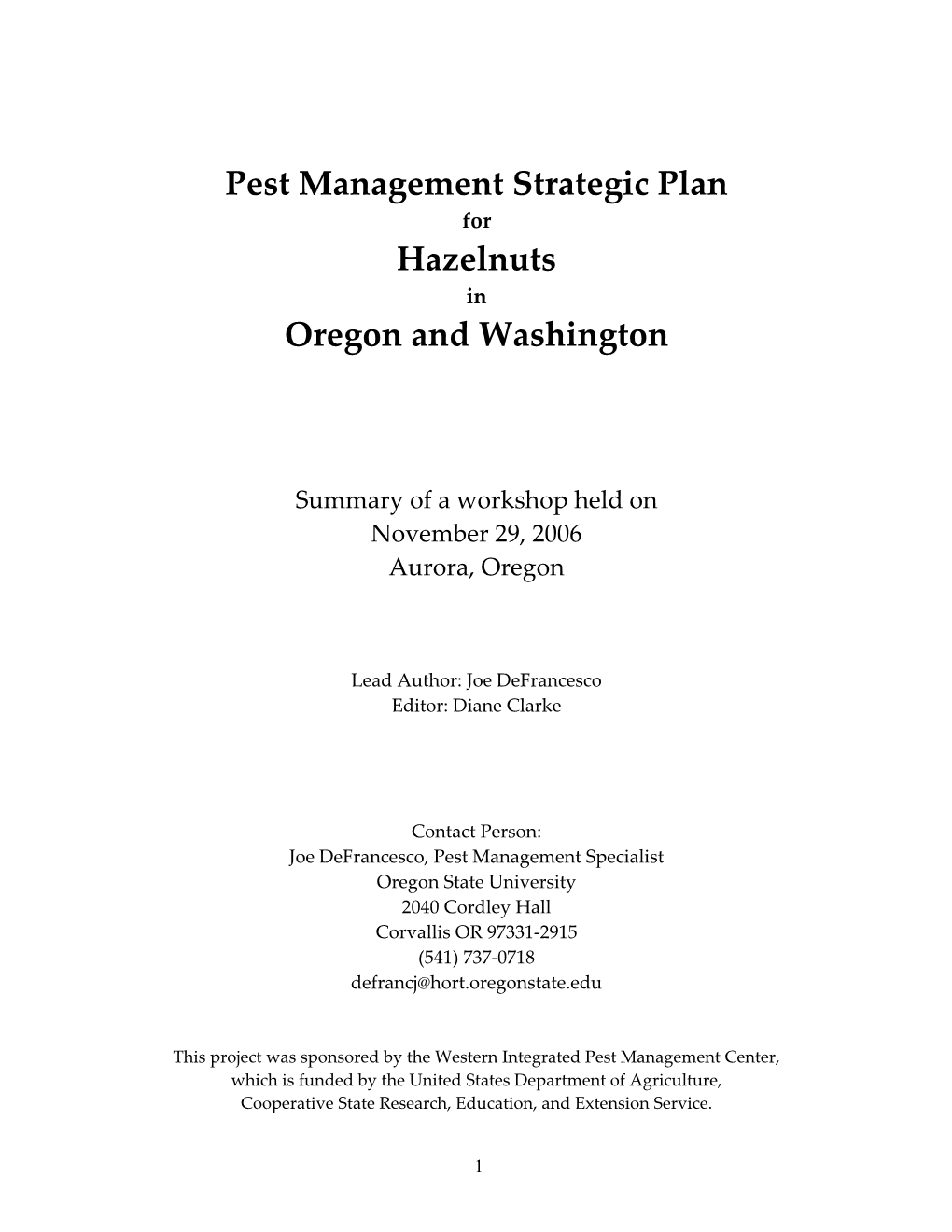 Pest Management Strategic Plan Hazelnuts Oregon and Washington