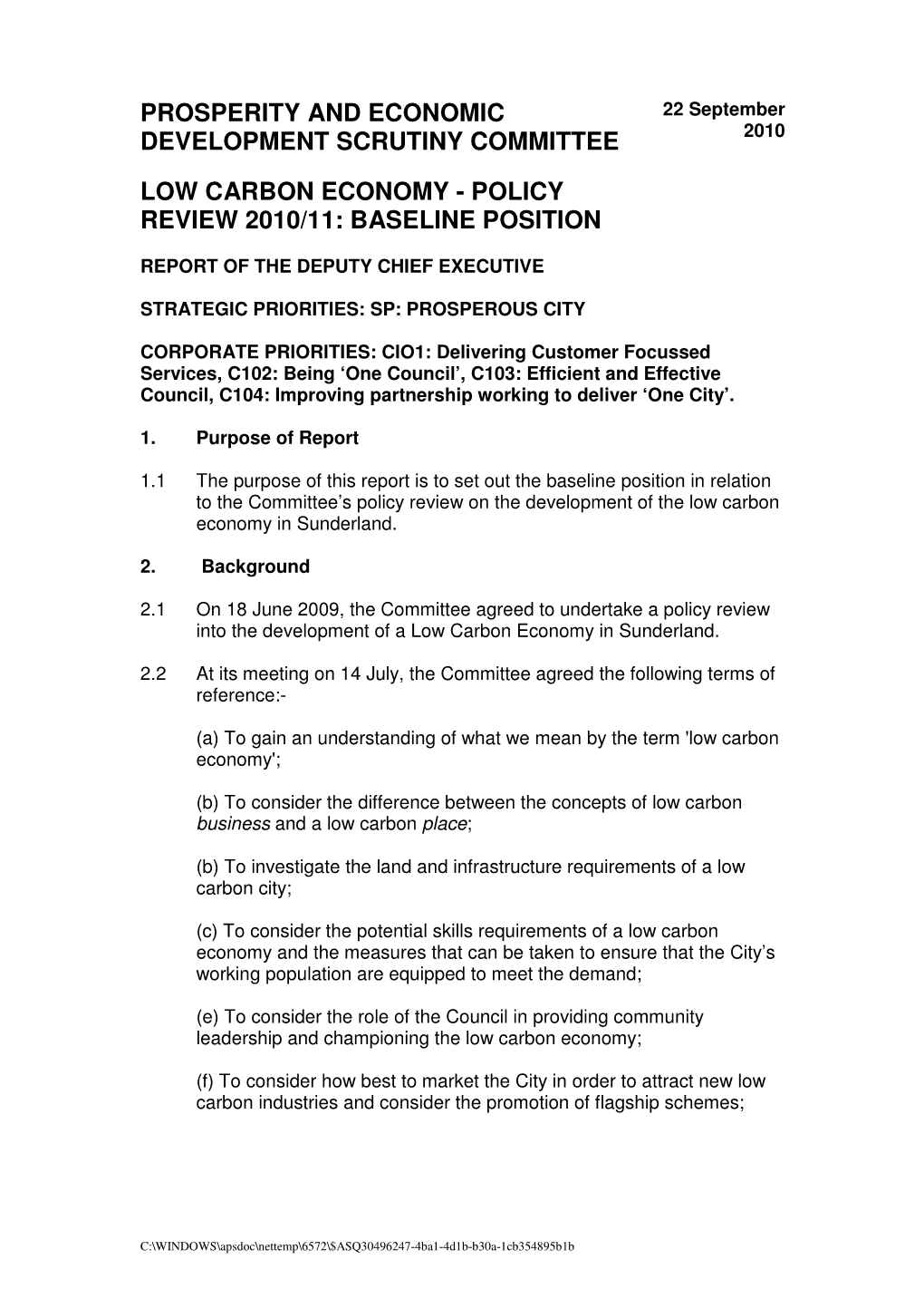 Low Carbon Economy - Policy Review 2010/11: Baseline Position