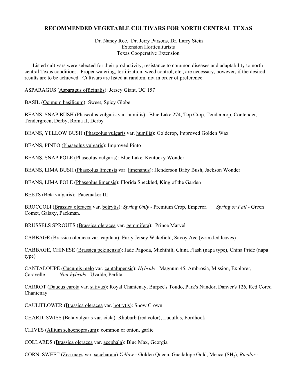 Recommended Vegetable Cultivars for North Central Texas