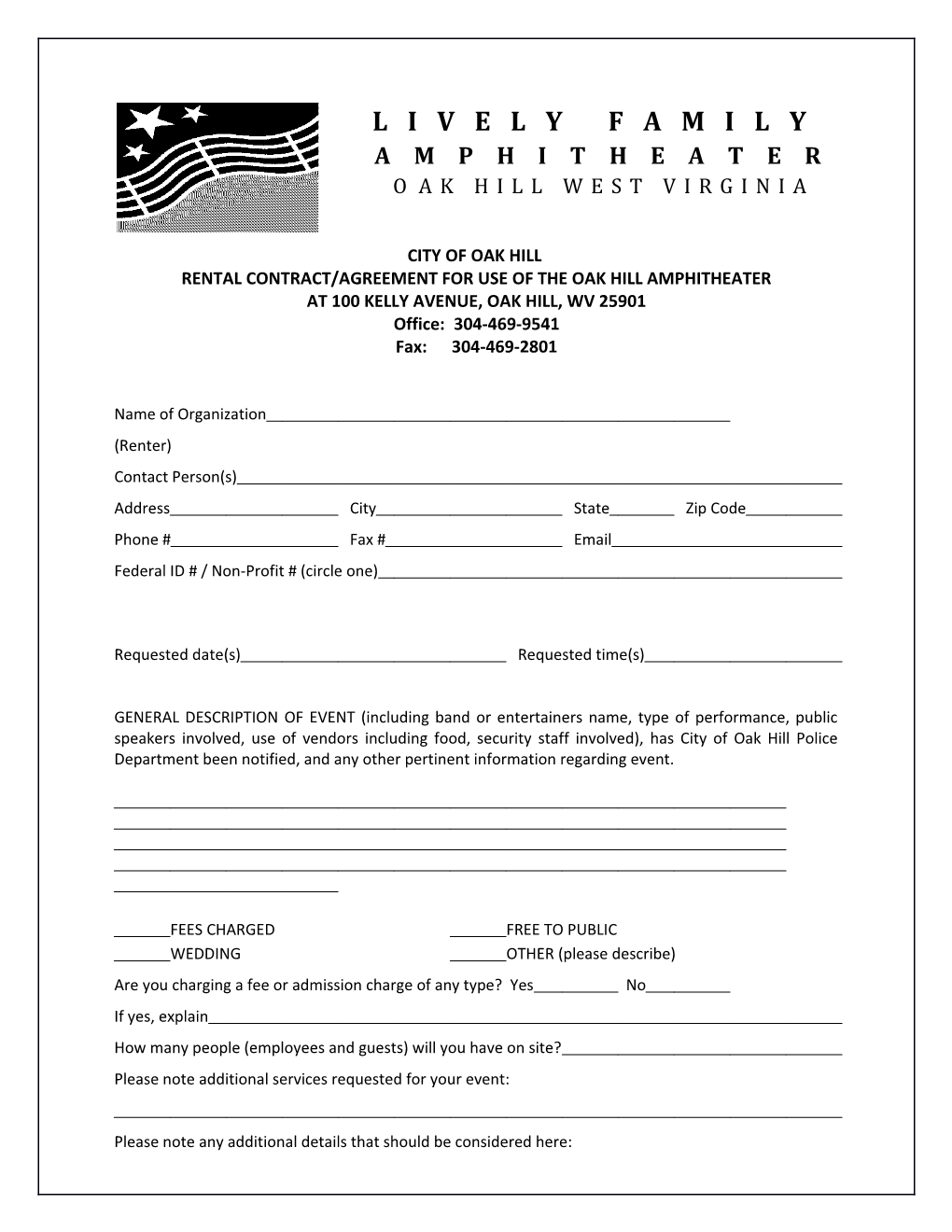 Rental Contract/Agreement for Use of the Oak Hill Amphitheater