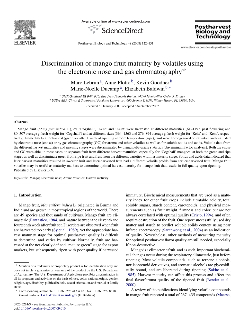 Discrimination of Mango Fruit Maturity by Volatiles Using the Electronic Nose and Gas Chromatography