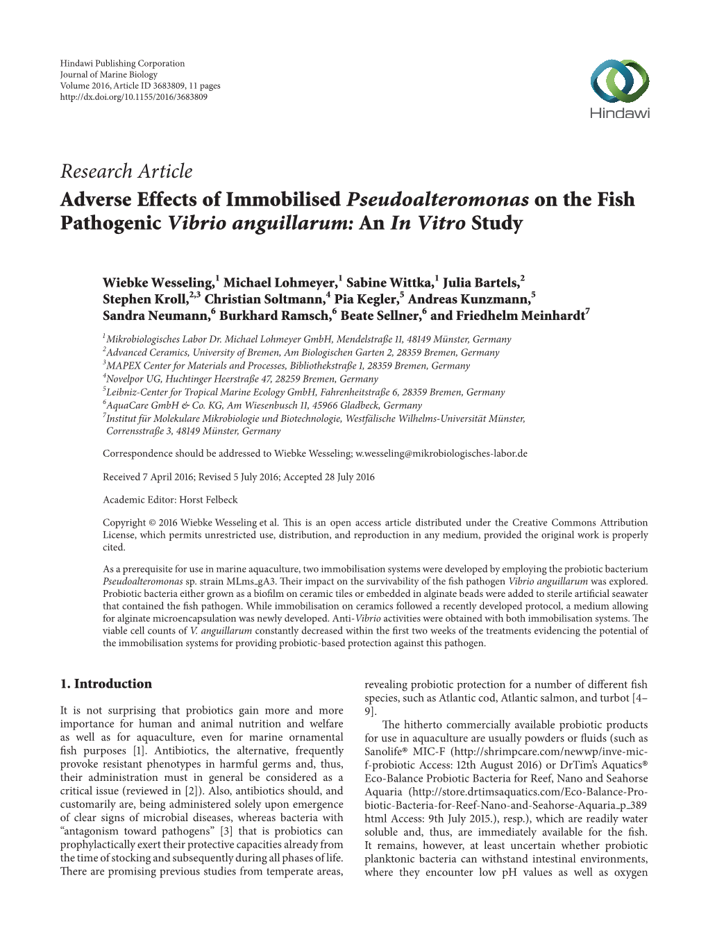 Adverse Effects of Immobilised Pseudoalteromonas on the Fish Pathogenic Vibrio Anguillarum: an in Vitro Study