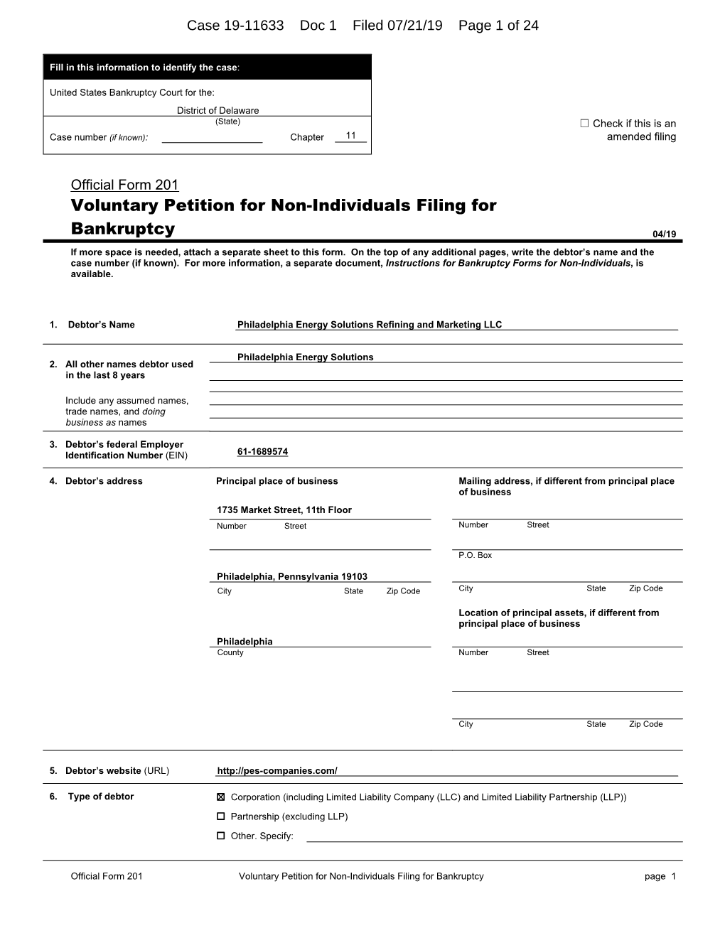 Voluntary Petition for Non-Individuals Filing for Bankruptcy Page 1 Case 19-11633 Doc 1 Filed 07/21/19 Page 2 of 24