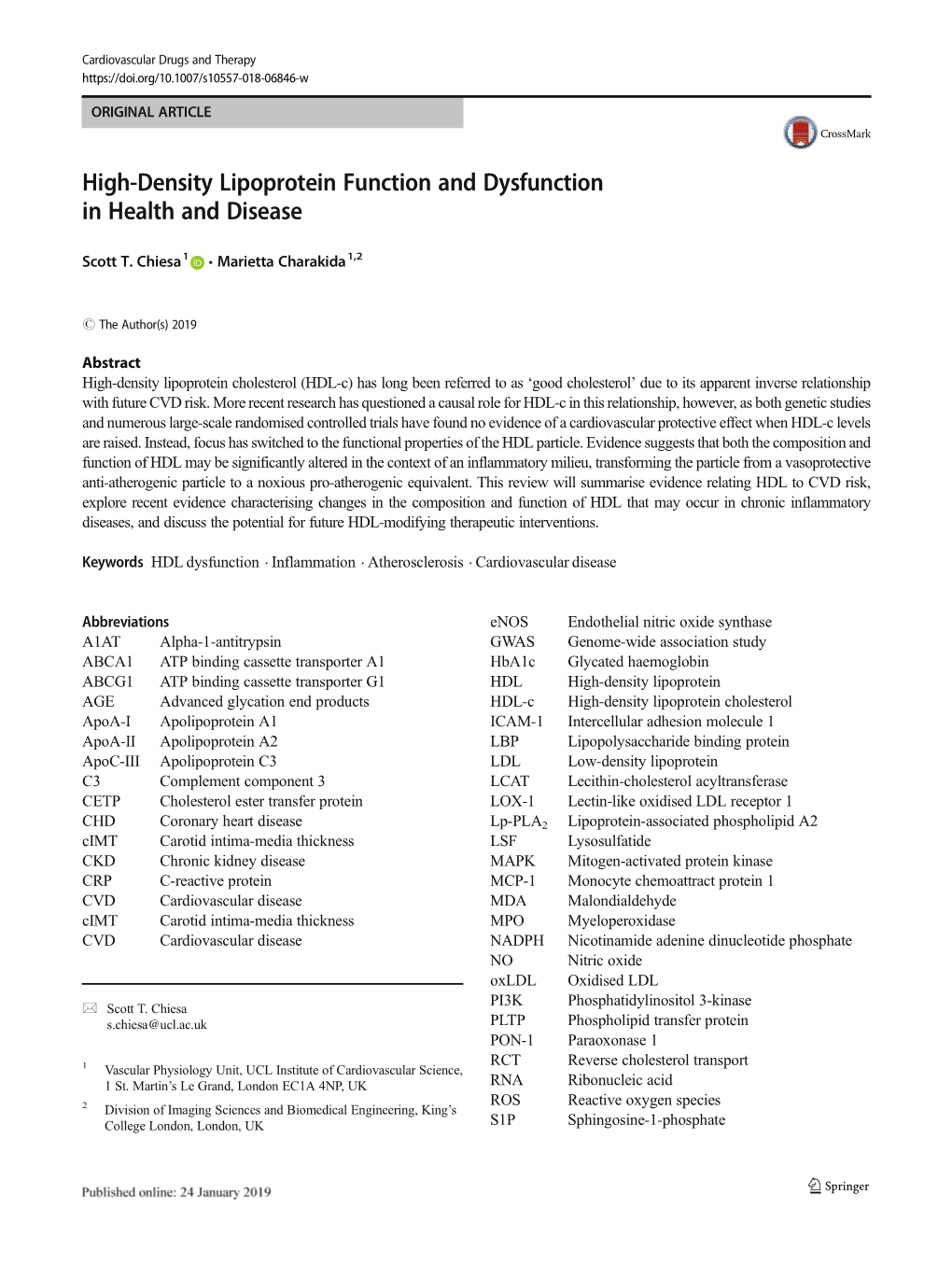 High-Density Lipoprotein Function and Dysfunction in Health and Disease