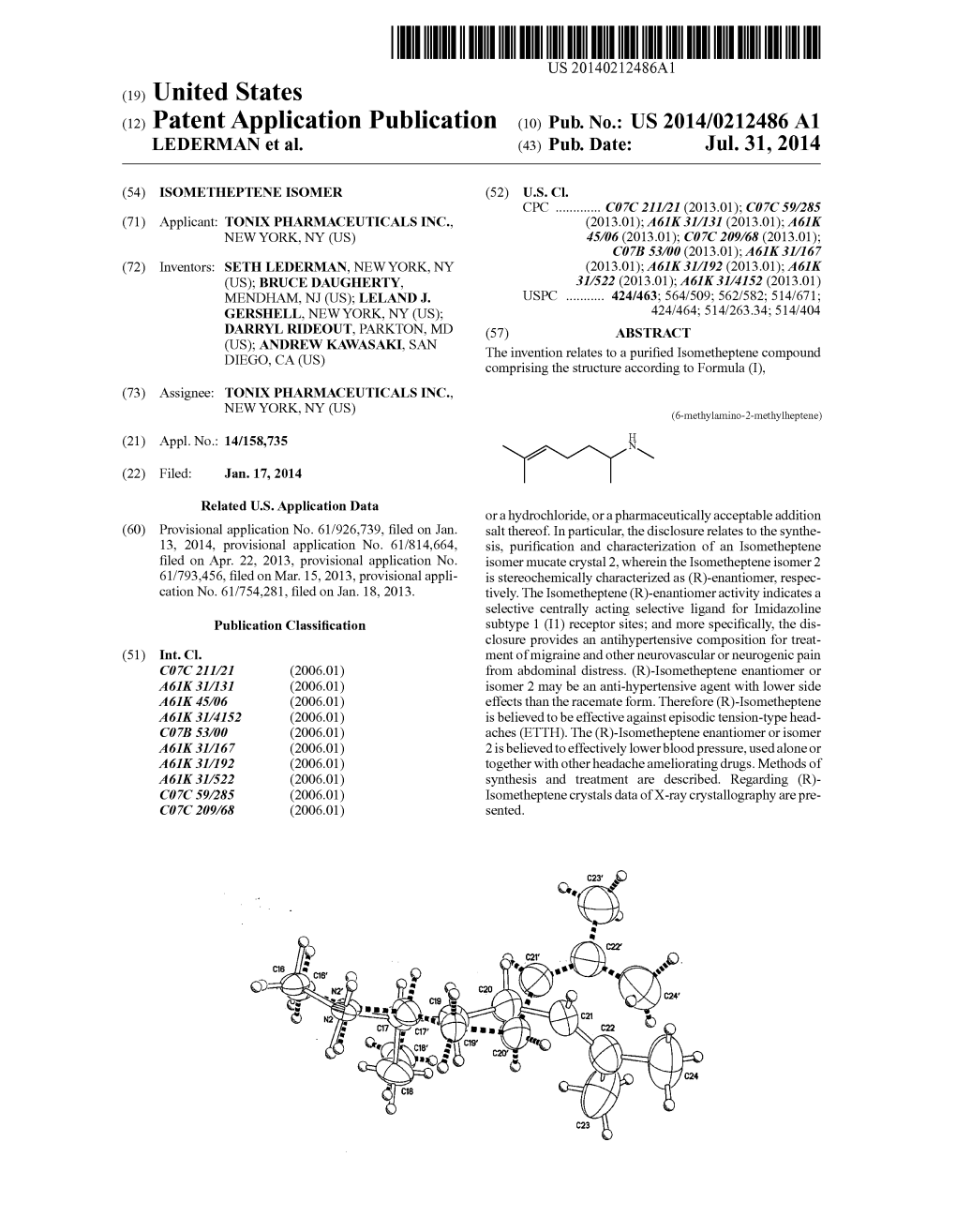 (12) Patent Application Publication (10) Pub. No.: US 2014/0212486A1 LEDERMAN Et Al