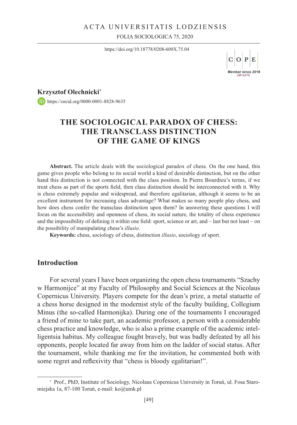 The Sociological Paradox of Chess: the Transclass Distinction of the Game of Kings