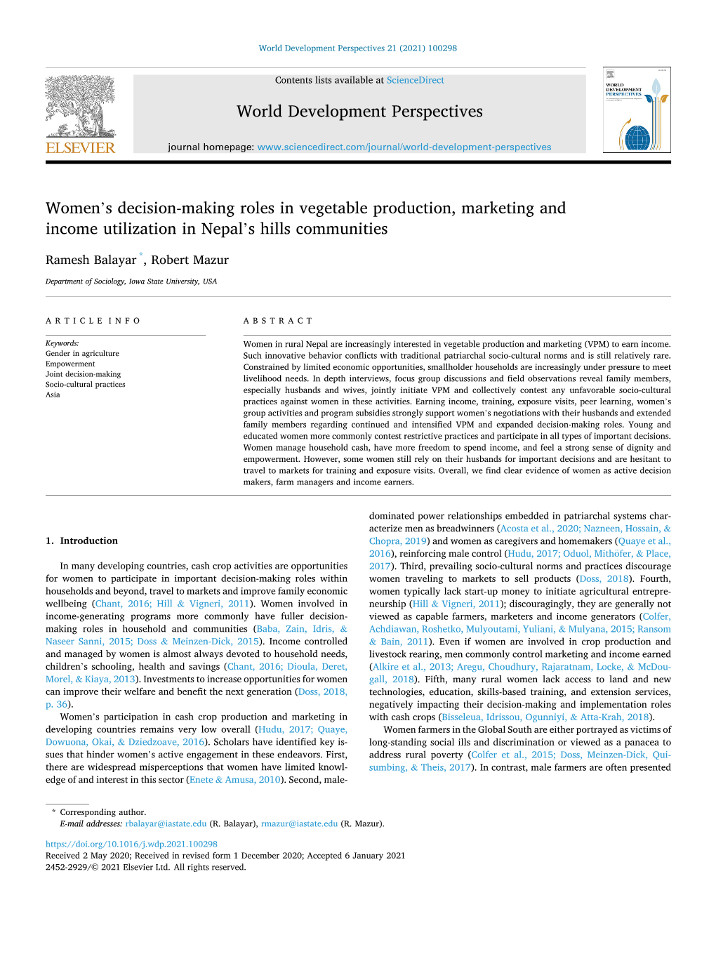 Women's Decision-Making Roles in Vegetable Production, Marketing