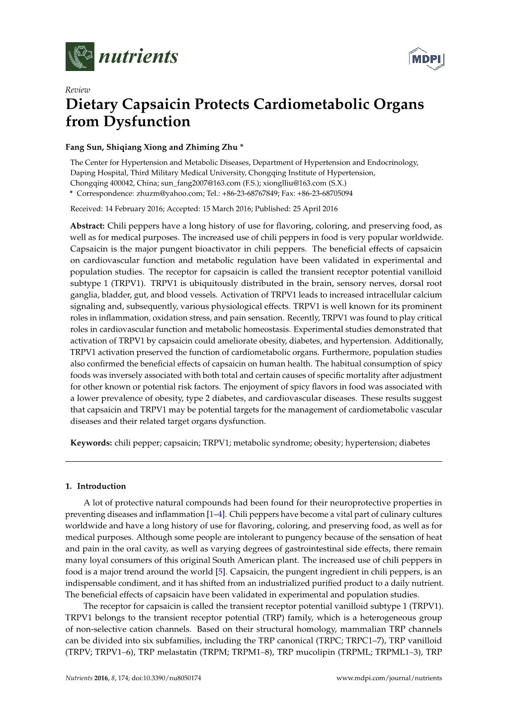 Dietary Capsaicin Protects Cardiometabolic Organs from Dysfunction