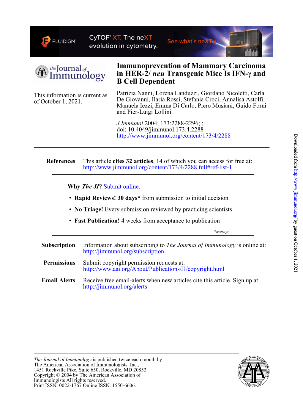 Immunoprevention of Mammary Carcinoma in HER-2/ Neu Transgenic Mice Is IFN-Γ and B Cell Dependent