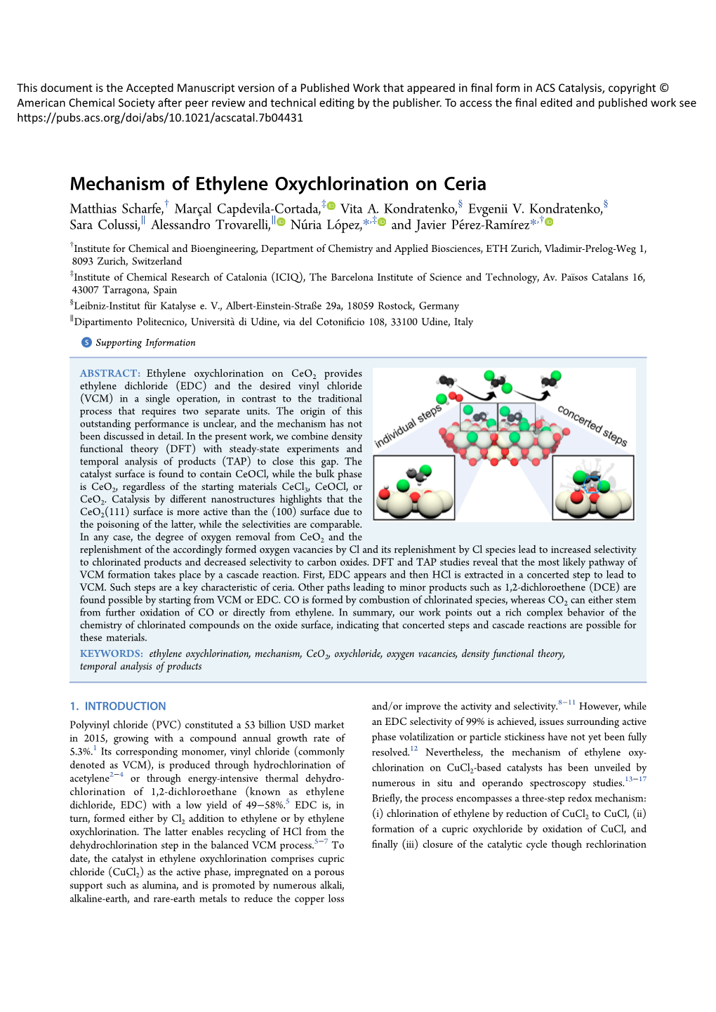 Mechanism of Ethylene Oxychlorination on Ceria § § Matthias Scharfe,† Marcaļ Capdevila-Cortada,‡ Vita A