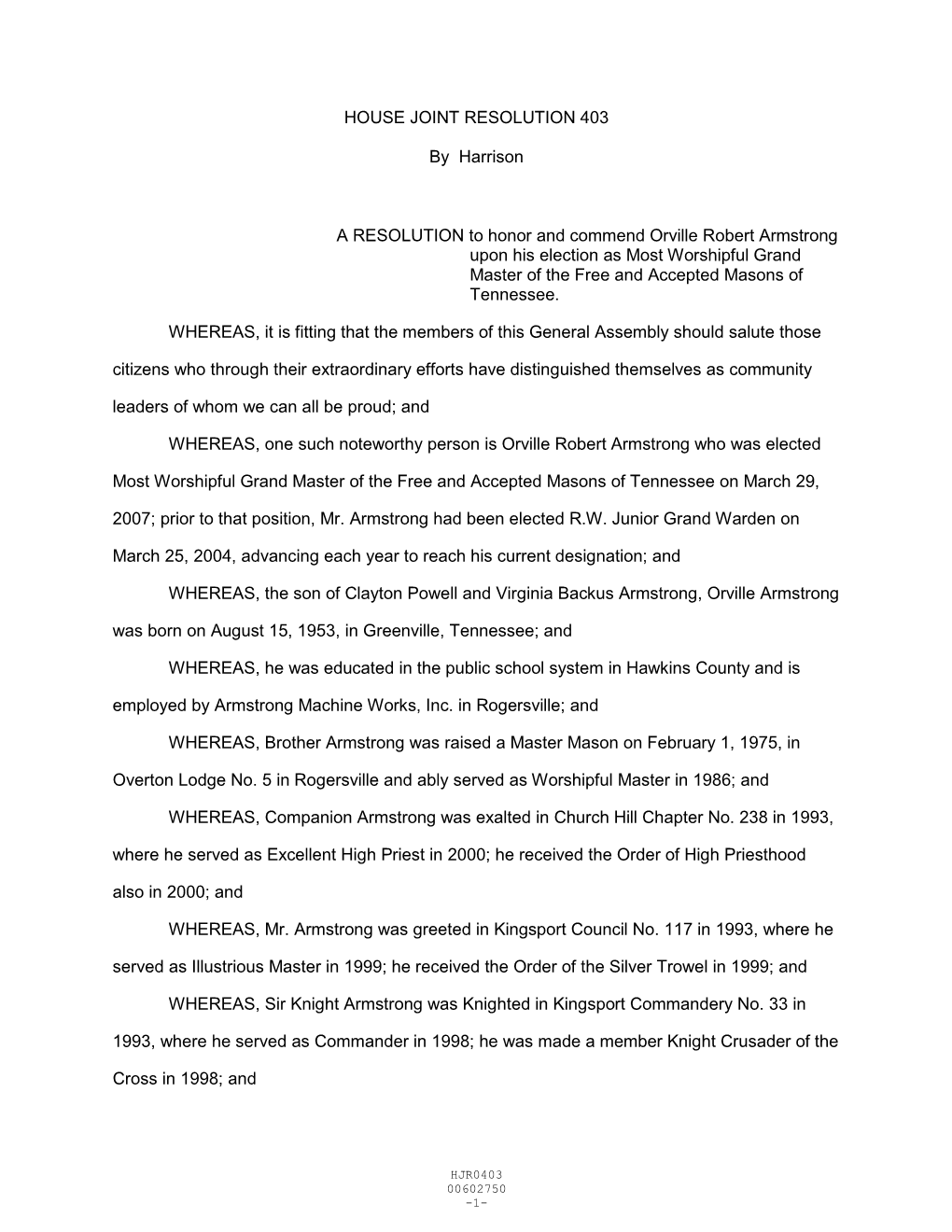 HOUSE JOINT RESOLUTION 403 by Harrison a RESOLUTION to Honor