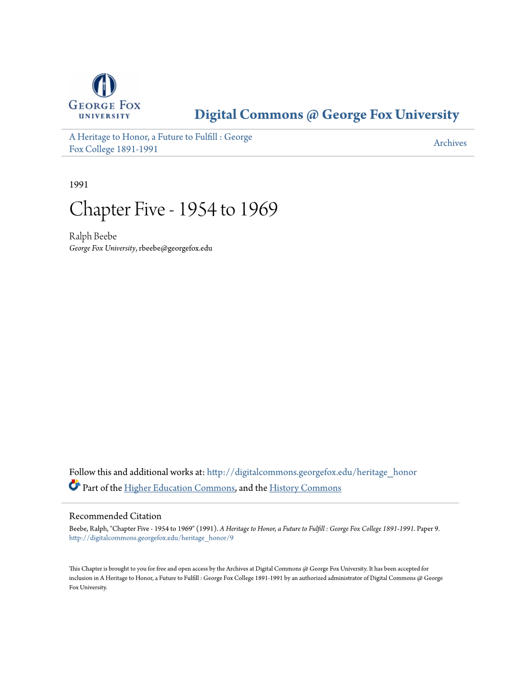 Chapter Five - 1954 to 1969 Ralph Beebe George Fox University, Rbeebe@Georgefox.Edu