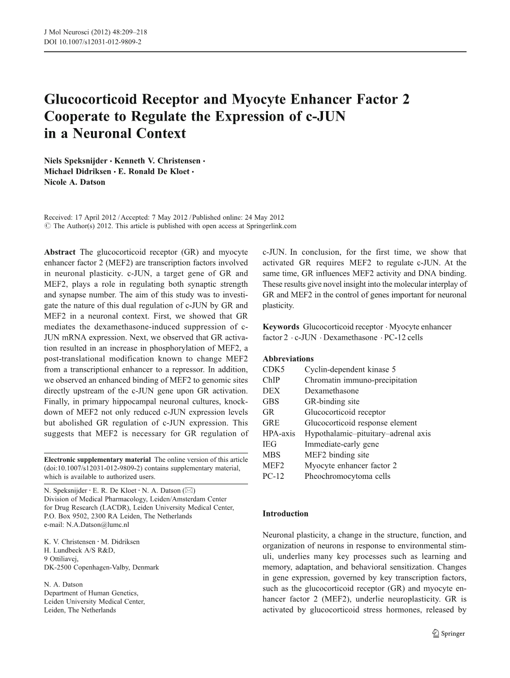 Glucocorticoid Receptor and Myocyte Enhancer Factor 2 Cooperate to Regulate the Expression of C-JUN in a Neuronal Context