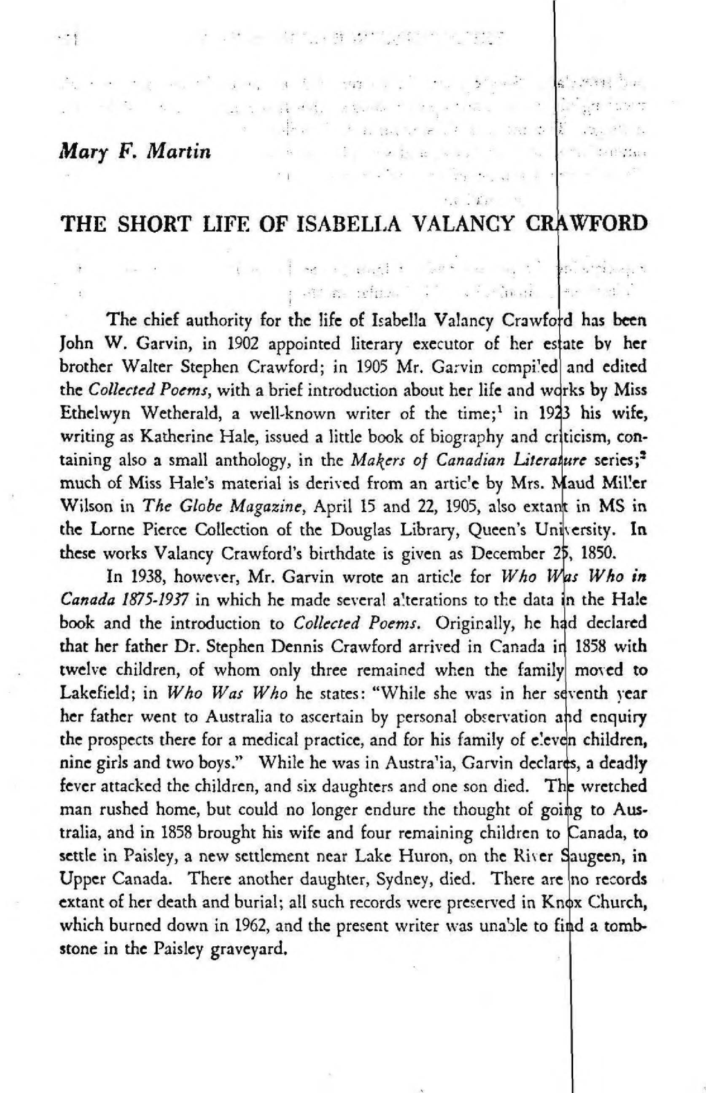 Mary F. Martin the SHORT LIFE of ISABELLA VALANCY C WFORD